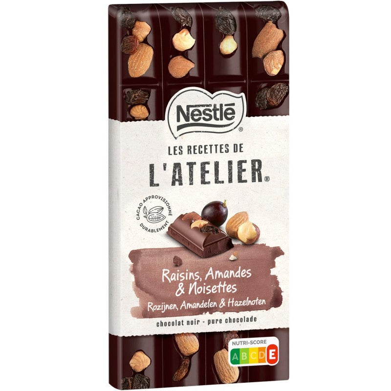 NESTLÉ Les Recettes De L'Atelier Tablette De Chocolat Noir Raisins Amandes Noisettes 170G - Marché Du Coin