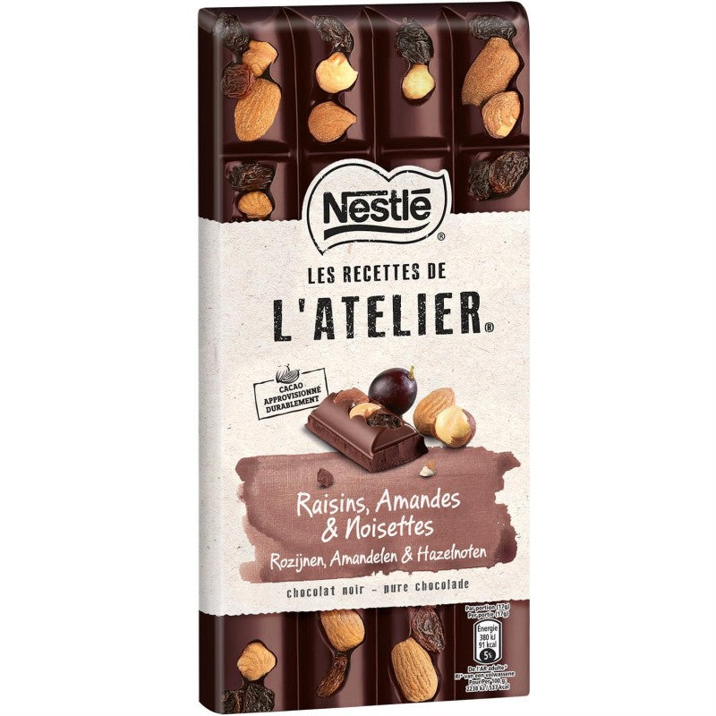 NESTLÉ Les Recettes De L'Atelier Tablette De Chocolat Noir Raisins Amandes Noisettes 170G - Marché Du Coin