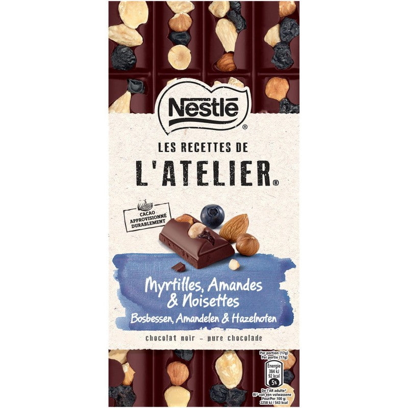 NESTLÉ Les Recettes De L'Atelier Tablette De Chocolat Noir, Myrtilles, Amandes Et Noisettes 170G - Marché Du Coin