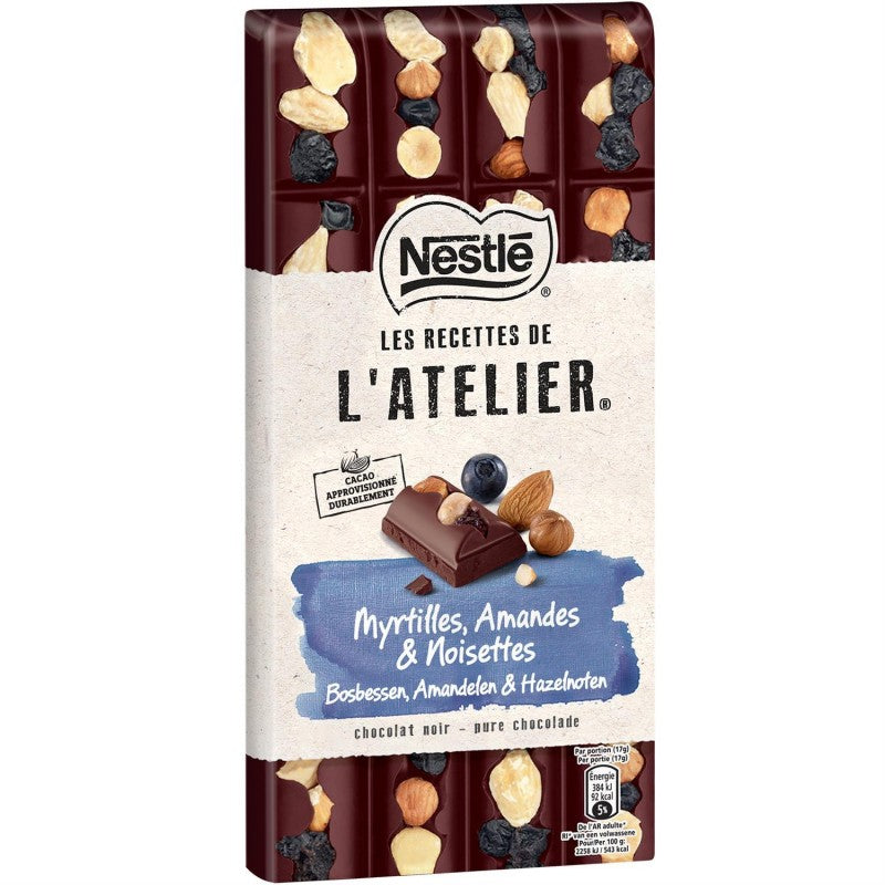 NESTLÉ Les Recettes De L'Atelier Tablette De Chocolat Noir, Myrtilles, Amandes Et Noisettes 170G - Marché Du Coin