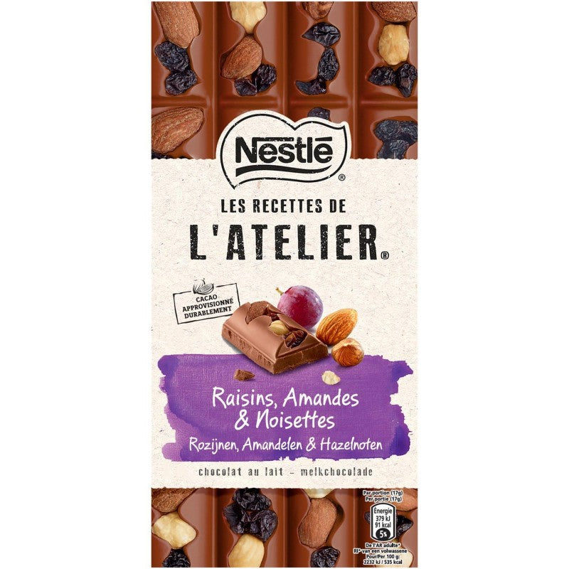 NESTLÉ Les Recettes De L'Atelier Tablette De Chocolat Au Lait Raisins Amandes Et Noisettes 170G - Marché Du Coin