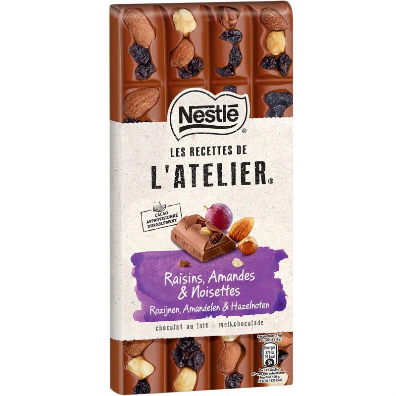 NESTLÉ Les Recettes De L'Atelier Tablette De Chocolat Au Lait Raisins Amandes Et Noisettes 170G - Marché Du Coin