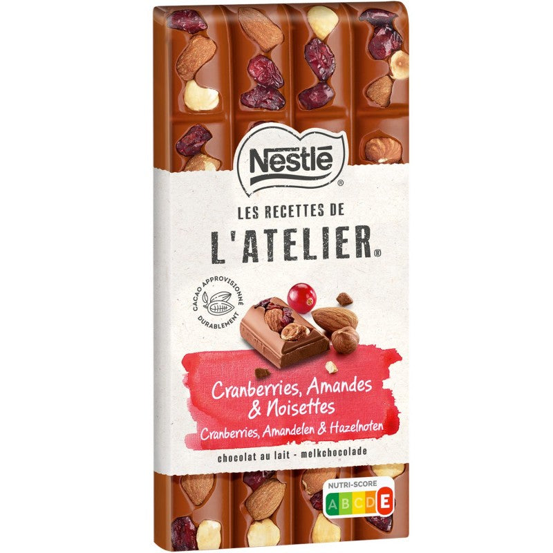 NESTLÉ Les Recettes De L'Atelier Tablette De Chocolat Au Lait Cranberries Noisettes Et Amandes 170G - Marché Du Coin