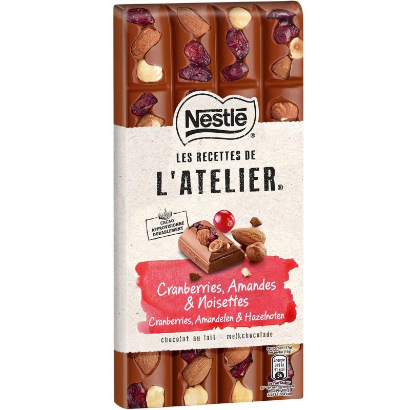 NESTLÉ Les Recettes De L'Atelier Tablette De Chocolat Au Lait Cranberries Noisettes Et Amandes 170G - Marché Du Coin
