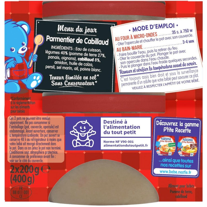 NESTLÉ P'Tite Recette Parmentier De Cabillaud Dès 8 Mois 2X200G - Marché Du Coin
