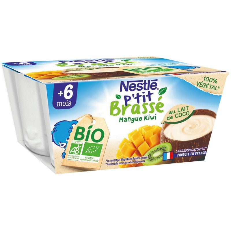 NESTLÉ P'Tit Brassé Bio Végétal Lait De Coco, Mangue & Kiwi  Dès 6 Mois 4X90G - Marché Du Coin