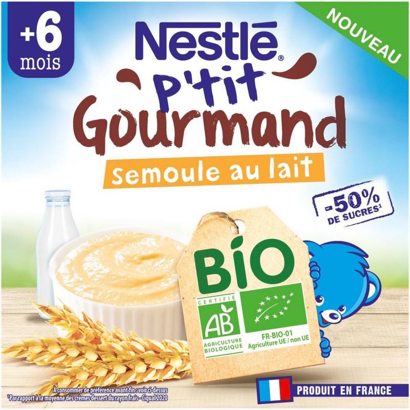 NESTLÉ P'Tit Gourmand Bio Semoule Au Lait Dès 6 Mois 4X90G - Marché Du Coin