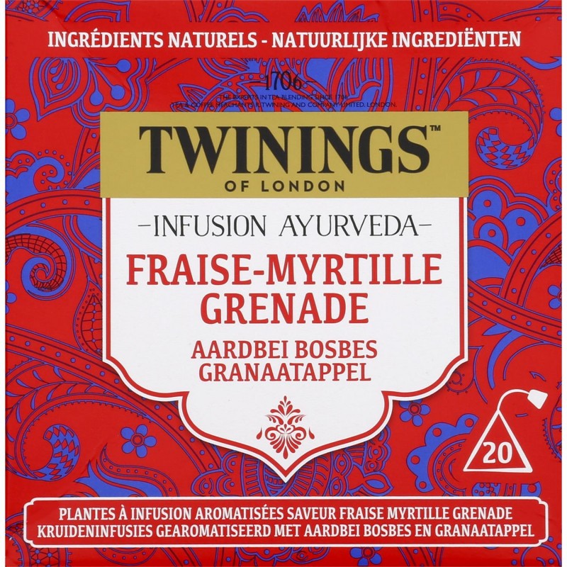 TWININGS Infusion Ayurveda Fraise Myrtille Grenade X20 -30G - Marché Du Coin