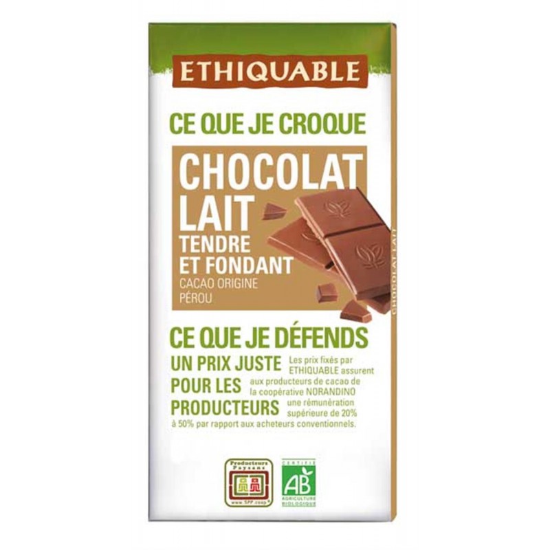 ETHIQUABLE Chocolat Lait Tendre Et Fondant Nature Bio 100G - Marché Du Coin