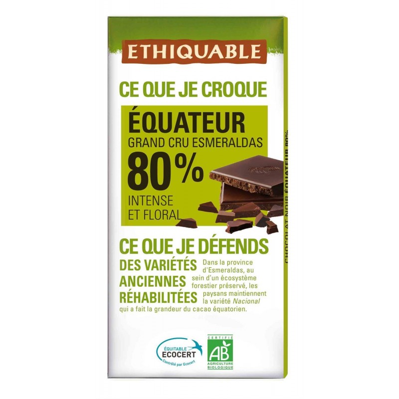 ETHIQUABLE Chocolat Noir 80% Cacao Equateur Bio 100G - Marché Du Coin