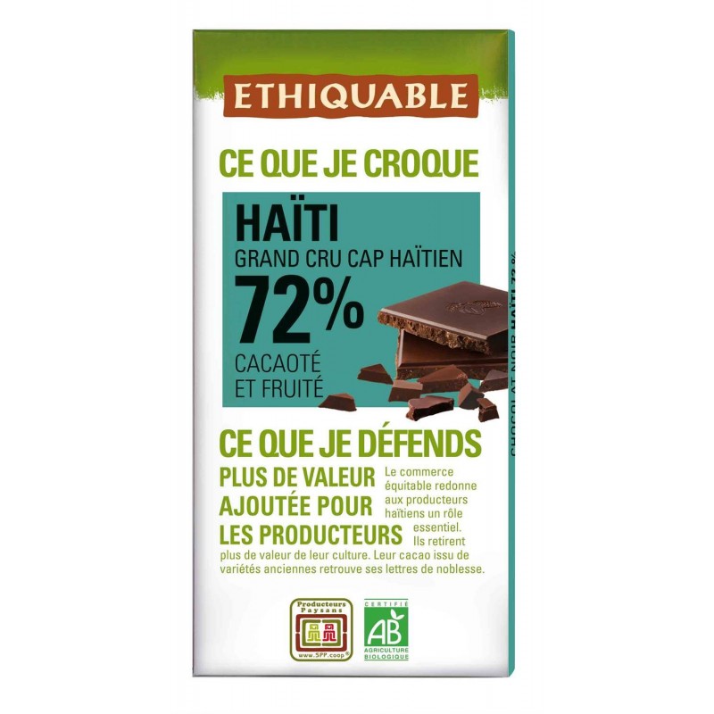 ETHIQUABLE Chocolat Noir 72% Cacao D'Haiti Bio 100G - Marché Du Coin