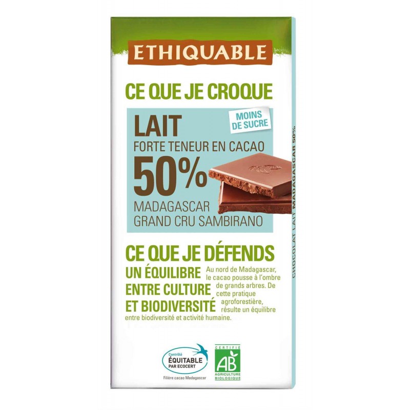 ETHIQUABLE Chocolat Lait 50% Cacao Madagascar Bio 100G - Marché Du Coin