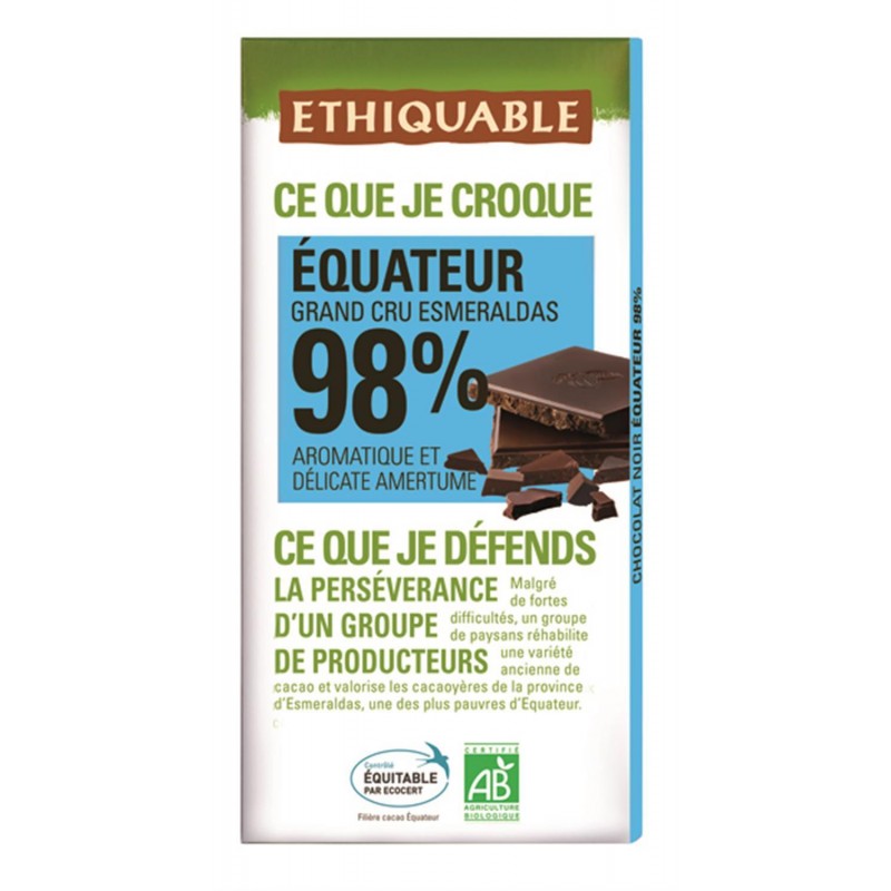 ETHIQUABLE Chocolat Noir 98% Cacao Equateur Bio 100G - Marché Du Coin