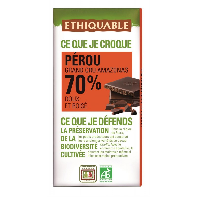 ETHIQUABLE Chocolat Noir 70%Cacao Pérou Bio 100G - Marché Du Coin