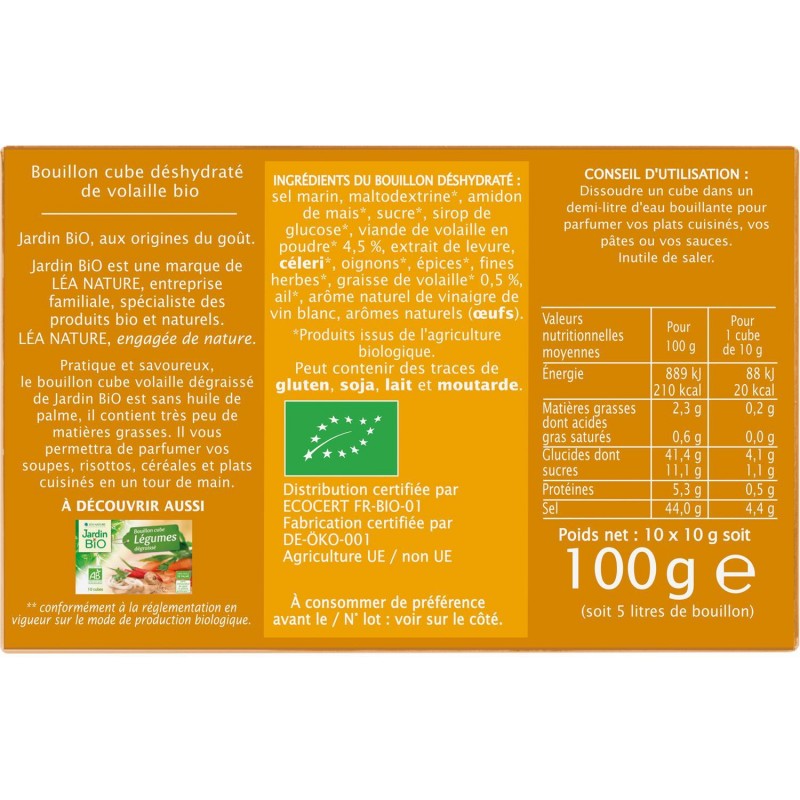 JARDIN BIO Bouillon Cube Volaille Dégraissés/Huile De Palme Bio 100G - Marché Du Coin