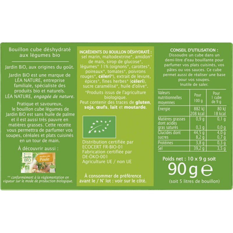 JARDIN BIO Bouillon Cube Légumes Dégraissé Sans Huile Palme 90G - Marché Du Coin