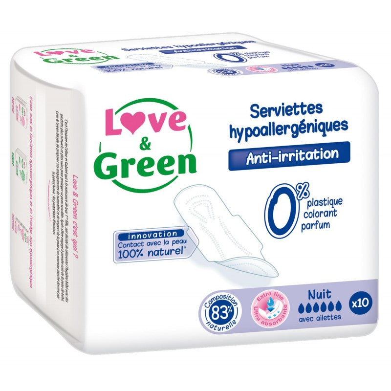 LOVE & GREEN Serviettes Nuit Naturelle 0% X10 - Marché Du Coin