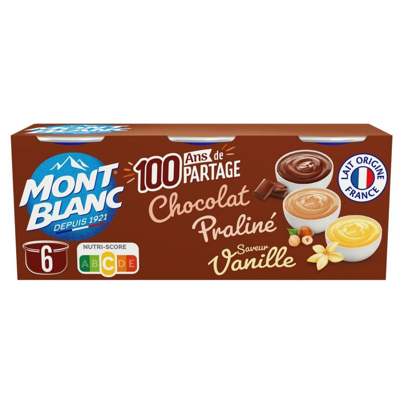 MONT BLANC Crème Dessert Multivariétés Chocolat/Vanille/Praliné 6X125G - Marché Du Coin