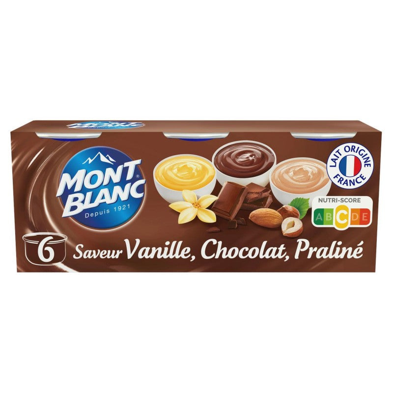 MONT BLANC Crème Dessert Multivariétés Chocolat/Vanille/Praliné 6X125G - Marché Du Coin