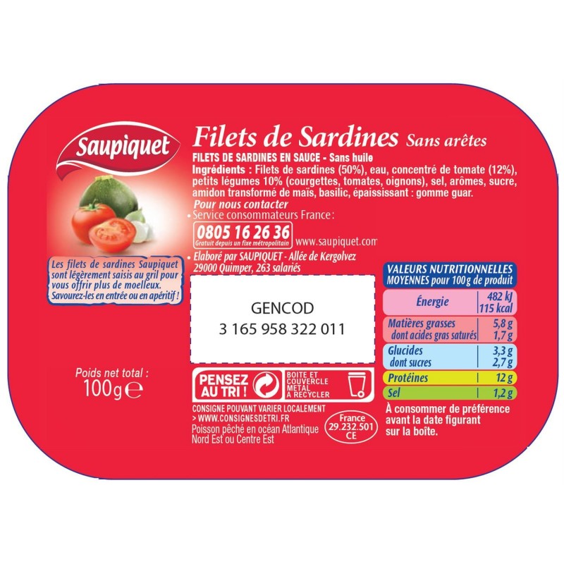 SAUPIQUET Filets Sardines Sauce Tomate Et Légumes 100G - Marché Du Coin