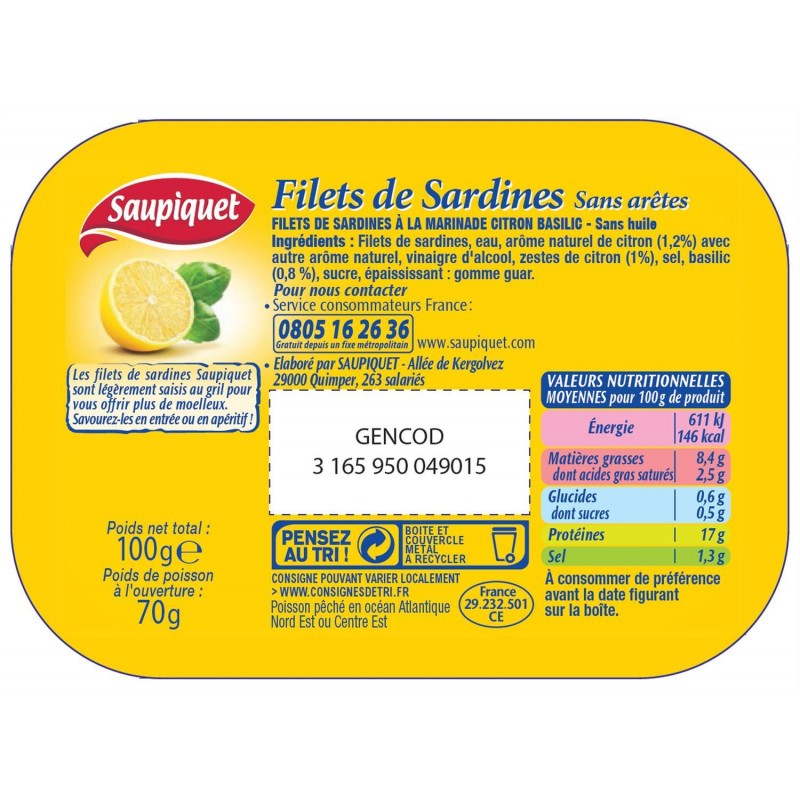 SAUPIQUET Filets Sardines Marinade Citron Basilic Sans Huile 100G - Marché Du Coin