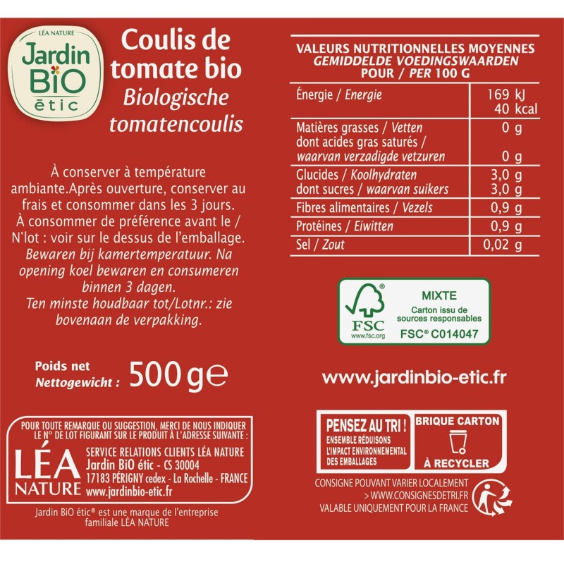 JARDIN BIO Jardin Bio Étic Coulis De Tomate Bio Brique Tetra De 500G - Marché Du Coin