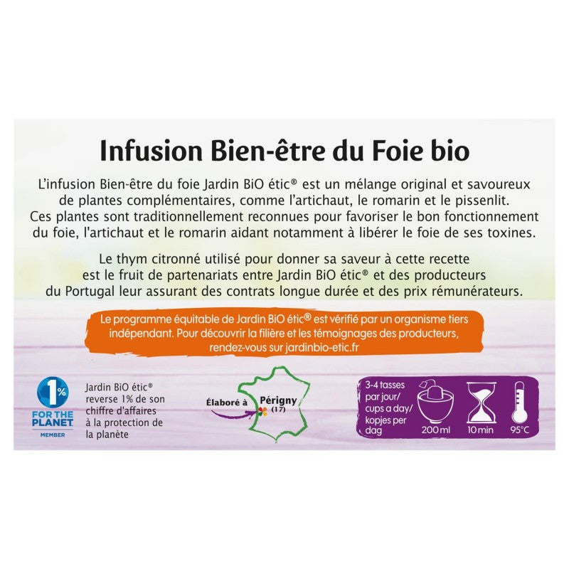 JARDIN BIO Jardin Bio Étic Infusion Bien Être Du Foie Bio 20 Sachets + Étui 30G - Marché Du Coin