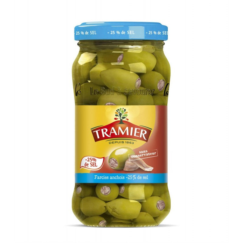 TRAMIER Olives Vertes Farcies Anchois -25% Sel Bocal 180G - Marché Du Coin