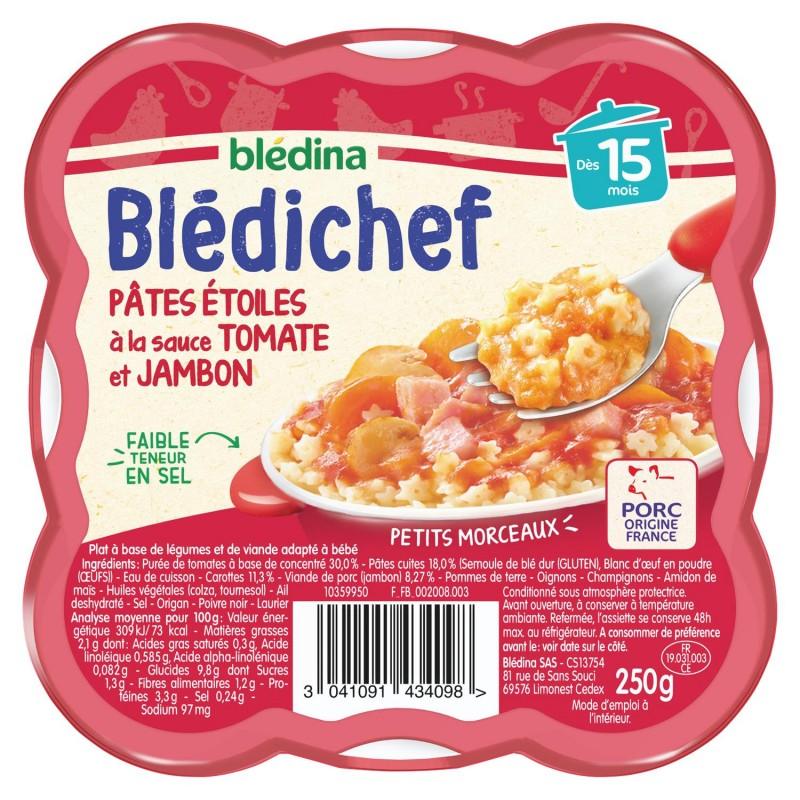 BLÉDINA Blédichef Pâtes Étoiles À La Sauce Tomate Et Jambon Dès 15 Mois 250G - Marché Du Coin