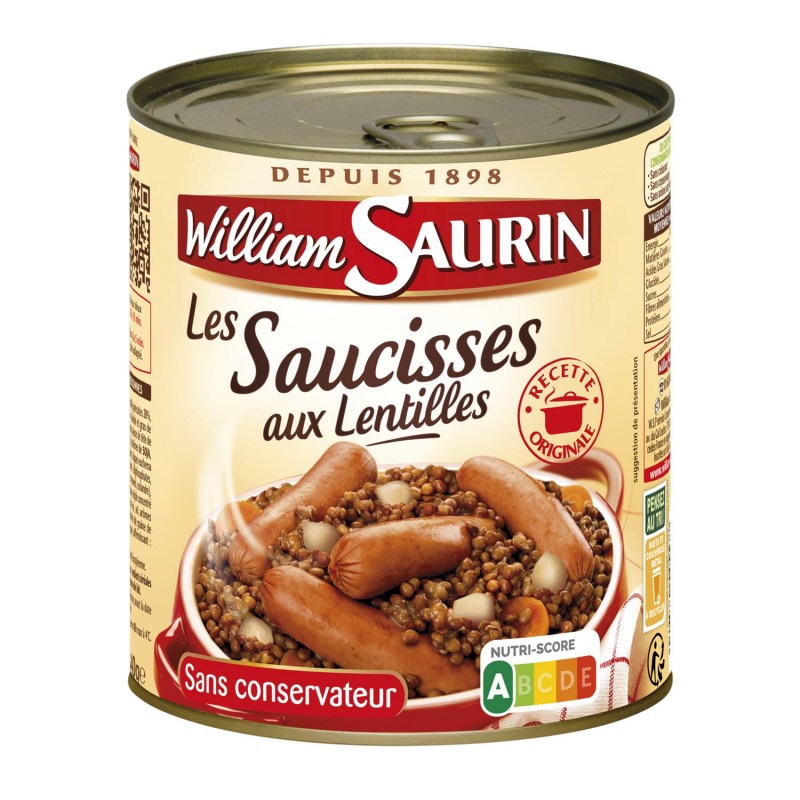 WILLIAM SAURIN Saucisses Aux Lentilles - Plat Cuisiné 840G - Marché Du Coin