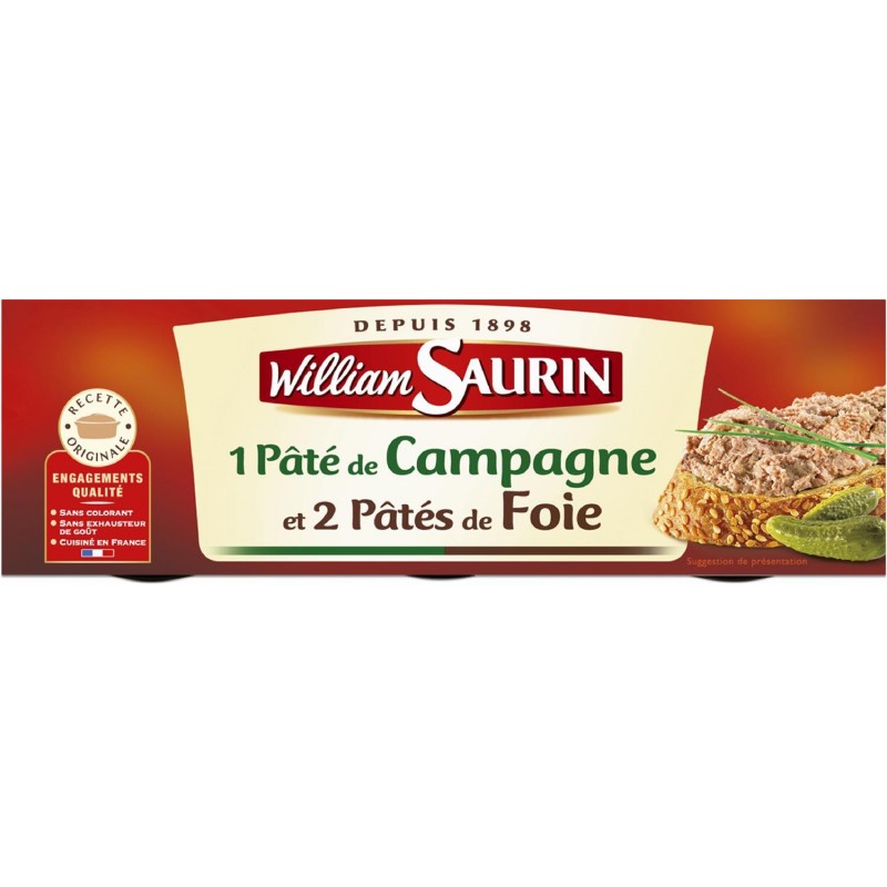 WILLIAM SAURIN Pâtés 2 Foie + 1 Campagne 234G - Marché Du Coin