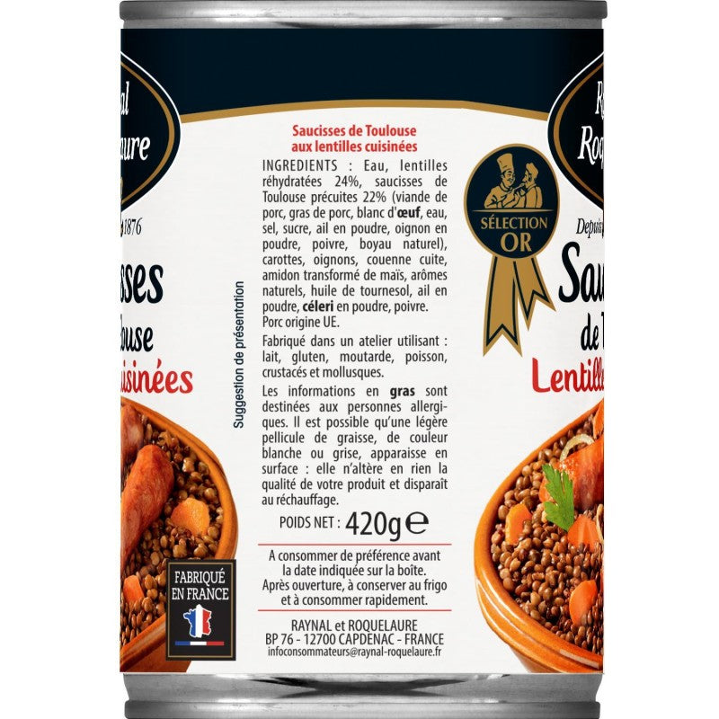 RAYNAL ET ROQUELAURE Saucisses De Toulouse Aux Lentilles Cuisinées - Plat Cuisiné 420G - Marché Du Coin