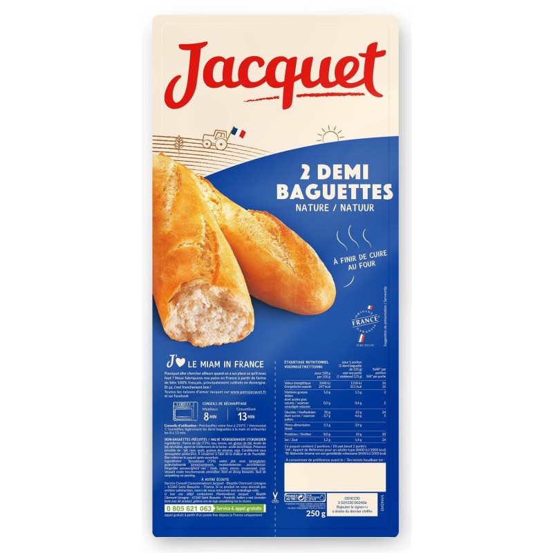JACQUET Jacquet 2 Demi Baguettes Nature 250G - Marché Du Coin
