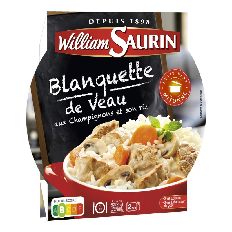 WILLIAM SAURIN Blanquette De Veau Champignons Et Riz - Assiette Micro-Ondes 285G - Marché Du Coin