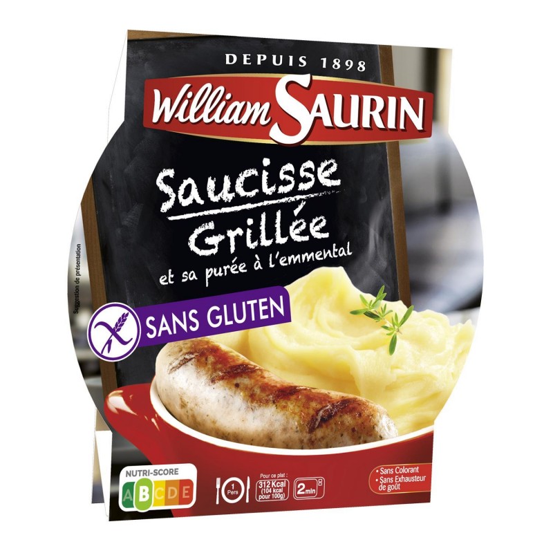 WILLIAM SAURIN Saucisse Grillée Purée À L'Emmental Sans Gluten - Assiette Micro-Ondes 300G - Marché Du Coin